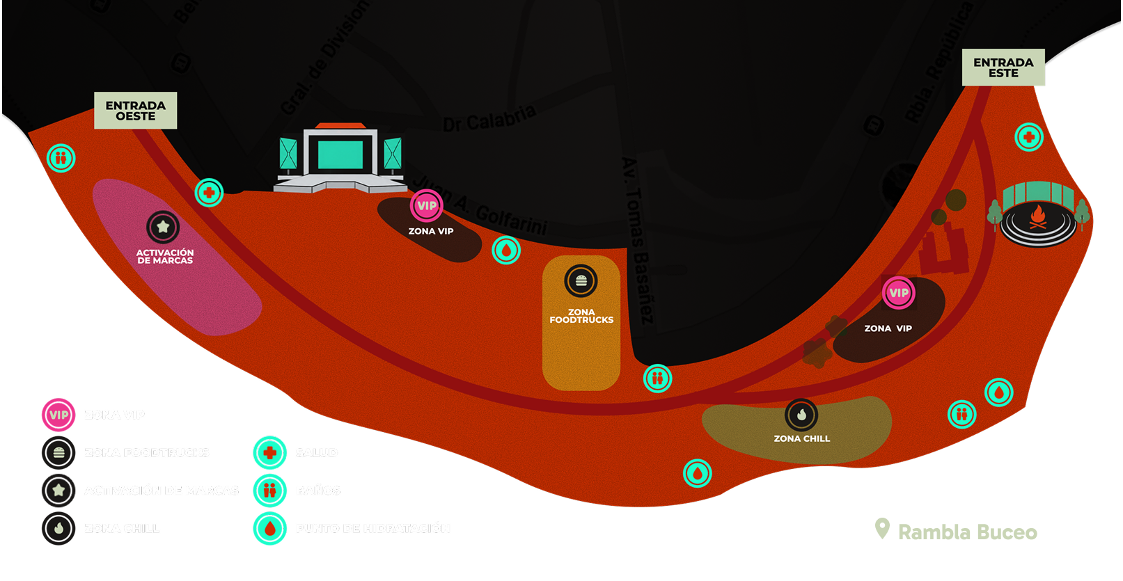 Mapa del predio del festival Día Cero en Rambla Buceo